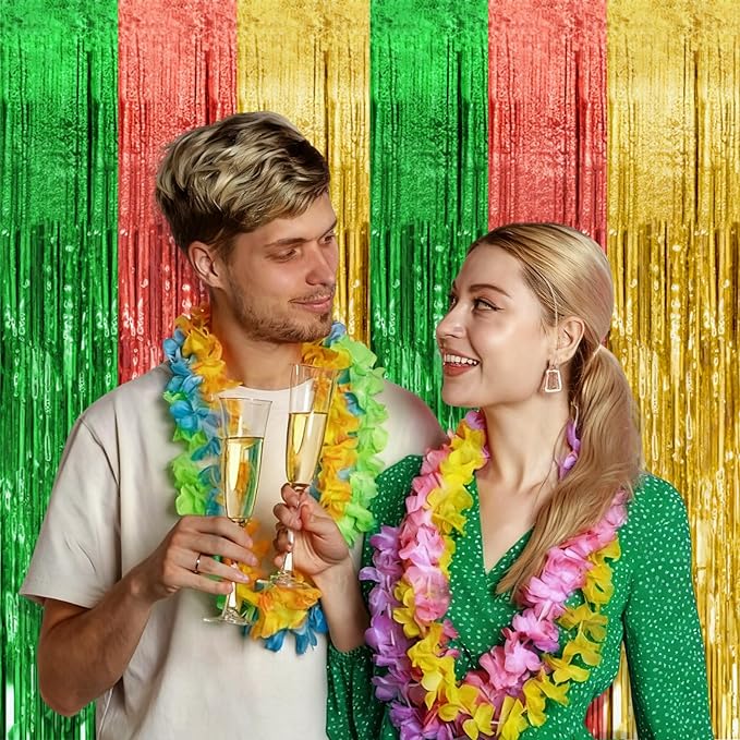 5 Pack Hawaii Party Backdrop Decorations Vibrant Summer Streamers Foil Fringe Curtains Metallic Tinsel Backdrop for Birthday Graduation Baby Shower Christmas Beach Holiday Party Decors