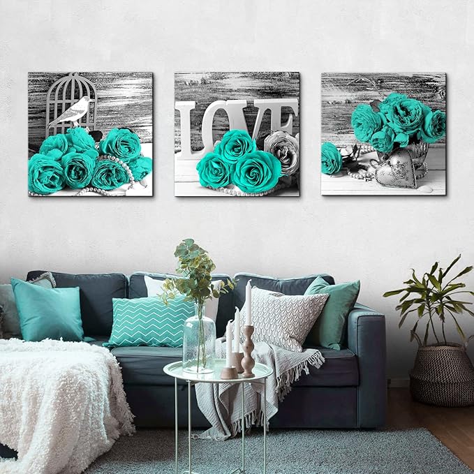 Teal Roses Floral Wall Art for Bathroom Home Decor Framed Canvas Prints Black&White Blue Rose Flowers Paintings Warm Family Pictures Posters Modern Artwork Homes Decorations Set of 3 Pieces 24x24