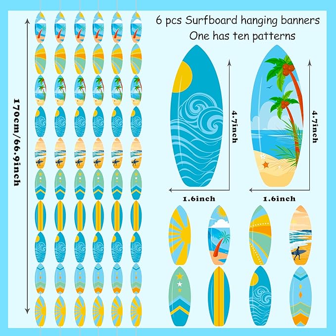 6pcs Surfing Surfboard Party Hanging Garlands Summer Surfing Birthday Party Decoration Surfboard Theme Banner Garlands Room Wall Decor for Summer Beach Surf Baby Shower Supplies