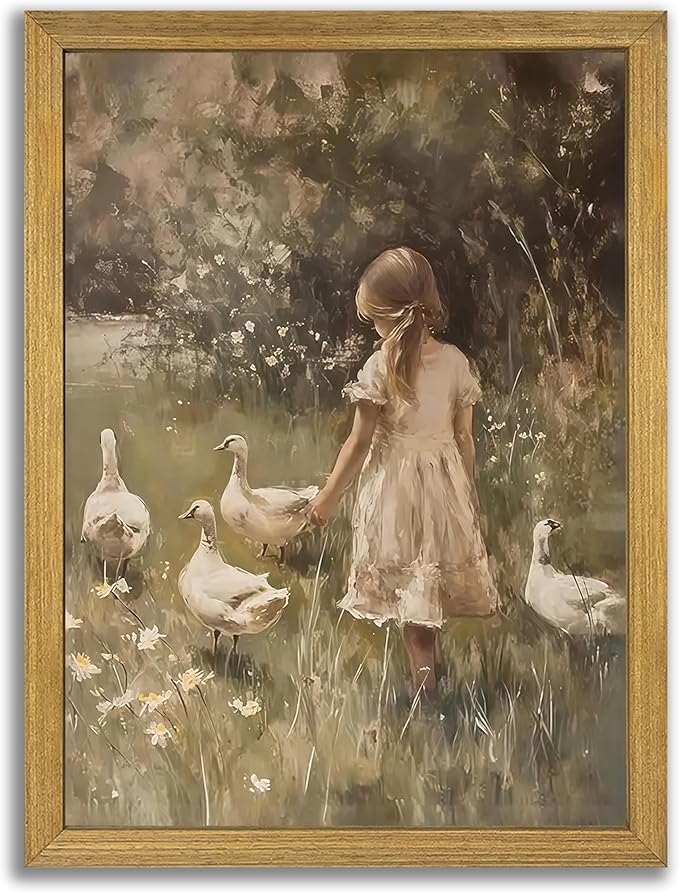 Wood Framed Canvas Wall Art, Vintage Girl with Ducks Painting Poster, Countryside Pastoral Landscape Print Picture, Rustic Farmhouse Wall Decor for Living Room Bedroom Nursery 8x10 inch