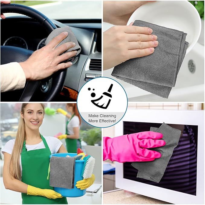 Macarrie 200 Pieces Microfiber Cleaning Cloths Bulk Absorbent Microfiber Towels Reusable Lint-Free Streak Free Wash Rags for House Kitchen Office Restaurants Bar Shop Car, 12 x 12 Inches (Gray)