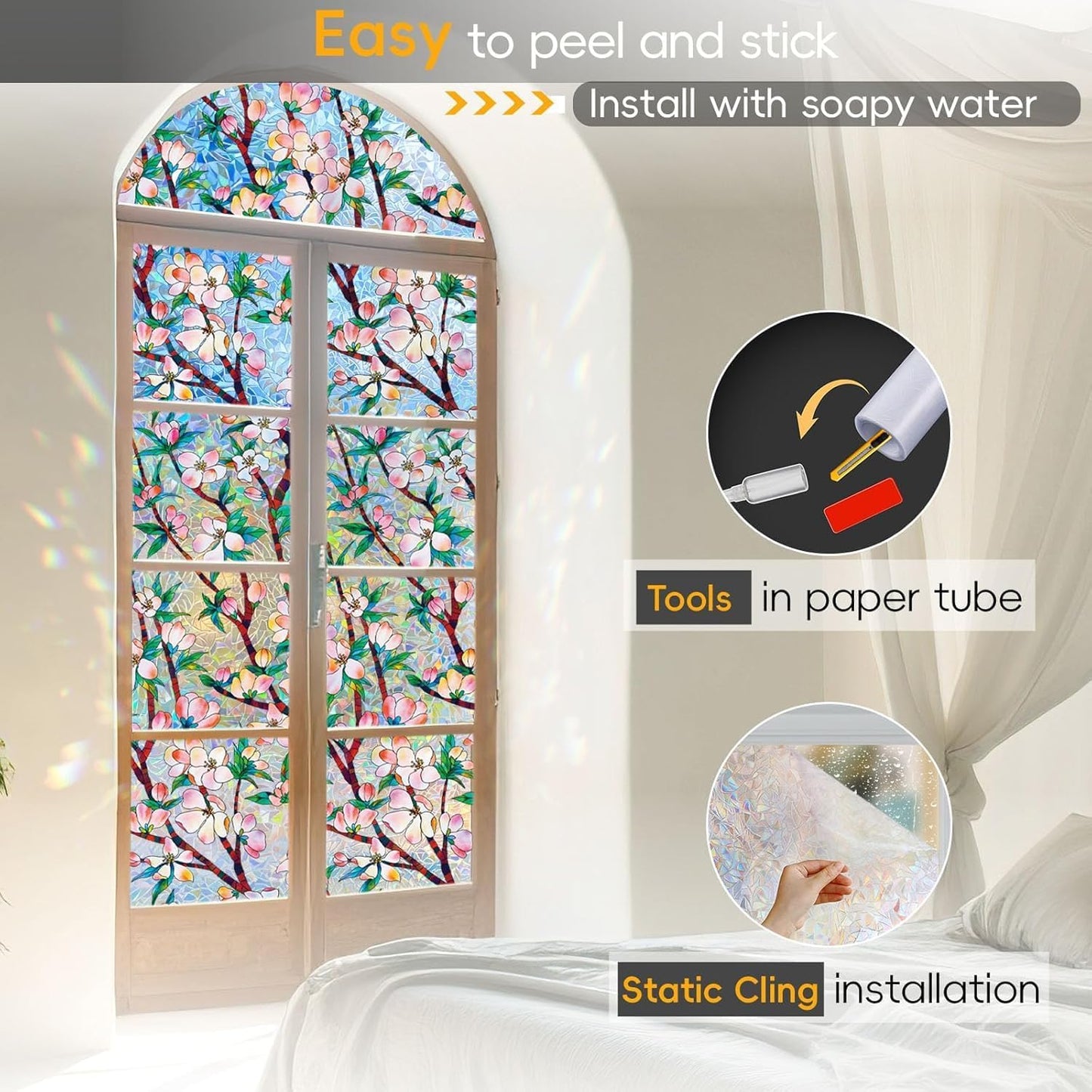 Rainbow Window Privacy Film Decorative, 3D Decals Stained Glass Clings, Static Cling Sticker, Suncatcher Windows Cover Tint for Home, 23.6 Inch x 78.7 Inch