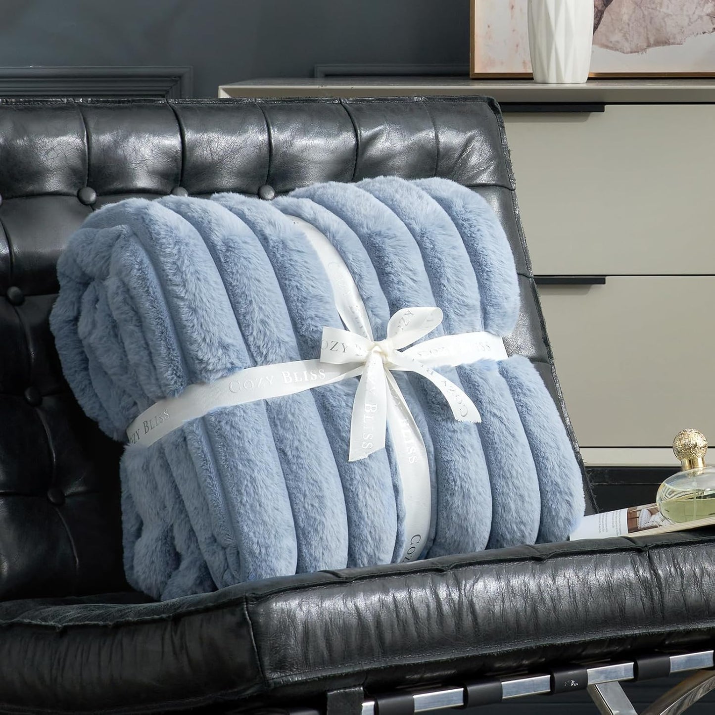 Cozy Bliss Faux Fur Throw Blanket for Couch, Cozy Warm Plush Striped Blanket for Sofa Bedroom Living Room,60 * 80 Inches Light Blue