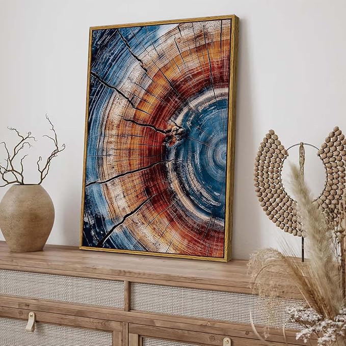 BingruiArt Framed Tree Ring Wall Art Blue and Red Boho Wall Decor Nature Print Wood Canvas Rustic Artwork Abstract Painting Modern Picture for Living Room Bedroom Bathroom 16"x24" Natural Framed(01)