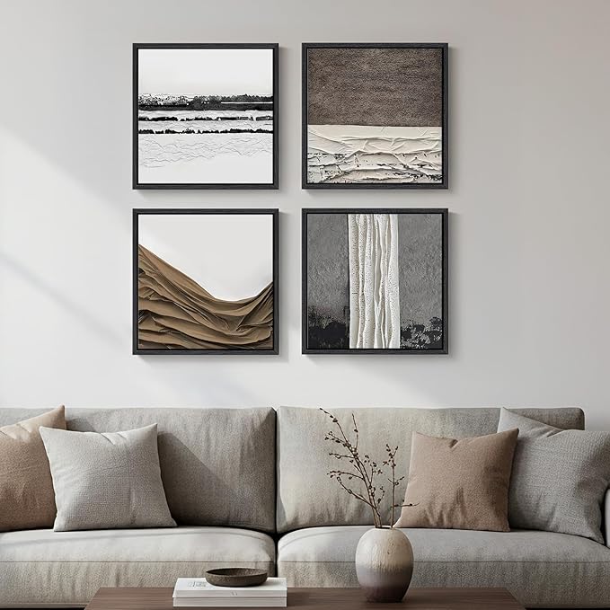 Framed Abstract Neutral Wall Art Set, 4 Piece Black White Gray Minimalist Square Canvas Prints with Brown Accents, Modern Wall Art for Living Room Bedroom Entryway Office Decor, 12x12 Inch