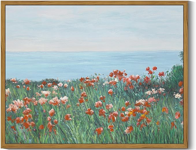 SHENIFY Vintage Framed Wall Art Coastal Wildflower Field Poppy Flower Landscape Scenery Home Decor Retro Decorations for Farmhouse Bedroom Ready to Hang Wall Artwork - 11x14in Natural Framed