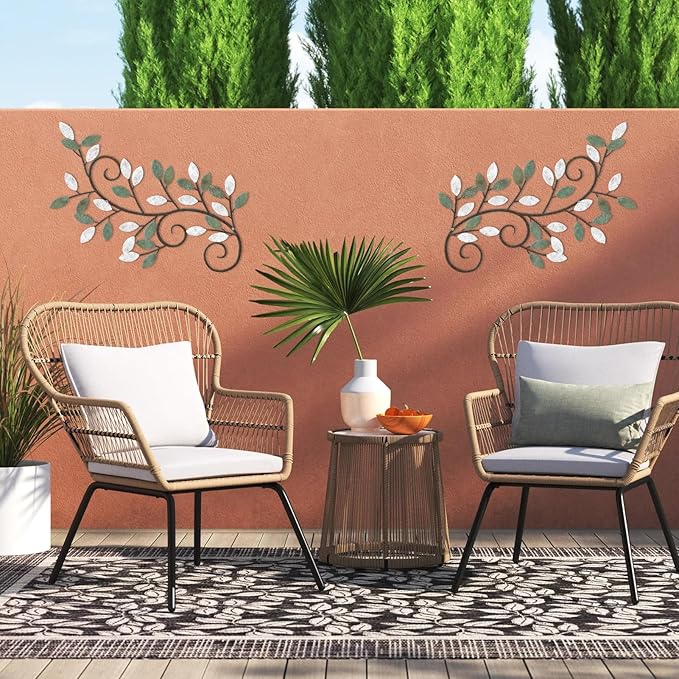 ESTART 2 Pieces Metal Tree Leaf Wall Decor Vine Olive Branch Leaf Wall Art Ornament Wall Hanging Sign for above Door, Living Room, Bathroom, Office, Indoor and Outdoor Decoration (White Green Colors)