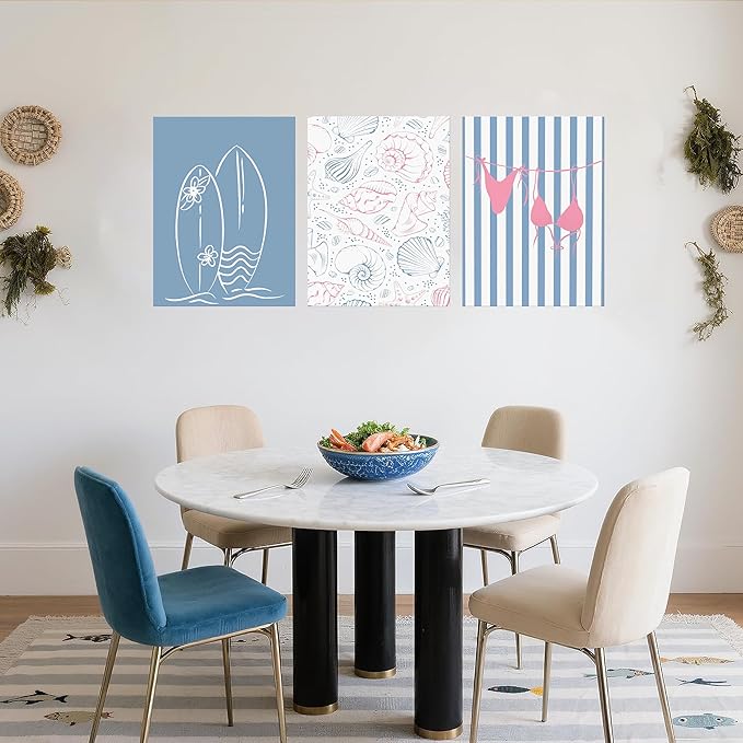 Beach Themed Wall Art Set of 3, Trendy Preppy Blue Surfboard Bikini Seashell Canvas Prints, Coastal Ocean Nautical Wall Decor Artwork for Bathroom Bedroom Living Room Home Decor 12x16 In Framed