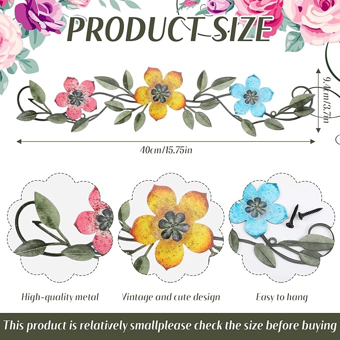 Wesiti Metal Flower Wall Decor Vintage Spring Metal Flower Wrought Iron Scroll Sculpture 15.7''x3.7'' Farmhouse Leaves Wall Decor with Nails for Spring Living Room Bedroom Indoor Outdoor(Bright Color)