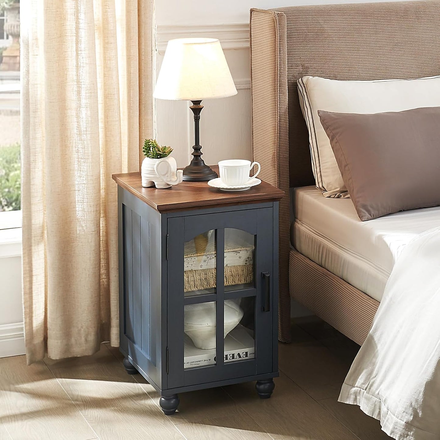 Narrow Side Table,Farmhouse Nightstand with Charging Station,Wood End Table with Glass Barn Door Storage, Cabinet Organizer with Adjustable Shelf, Night Stand for Small Spaces for Living Room Bedroom
