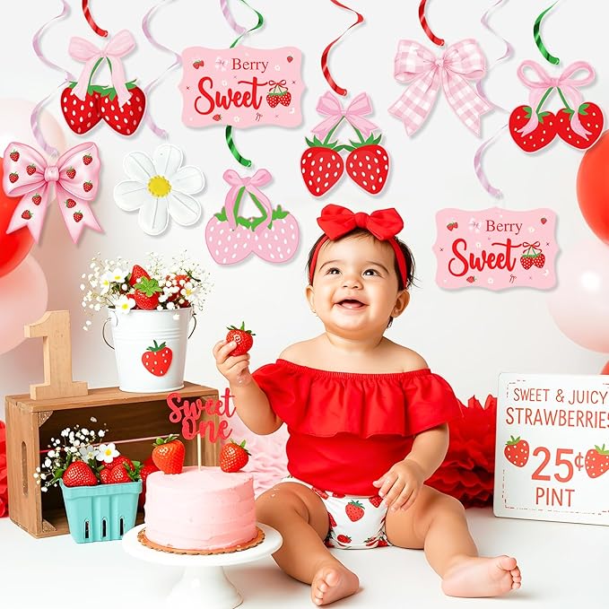Pink Bow Strawberry Party Hanging Swirls Decorations, Berry Sweet Strawberry Theme Party Foil Ceiling Swirl for Summer Fruit Berry First 1st Birthday Girl Berry Sweet Baby Shower Wedding Bridal Shower