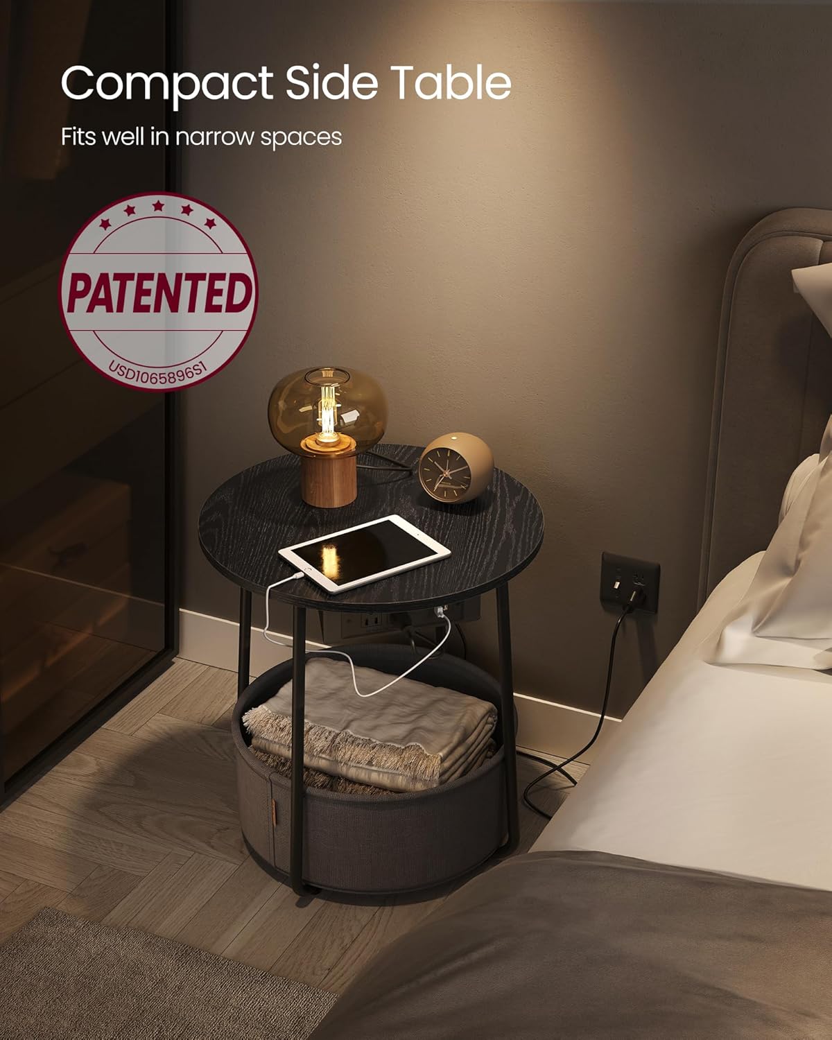 VASAGLE Side Table with Charging Station, Round End Table with Fabric Basket, Nightstand with Power Outlets, USB Ports, for Living Room, Bedroom, Modern, Ebony Black and Slate Gray ULET228B01