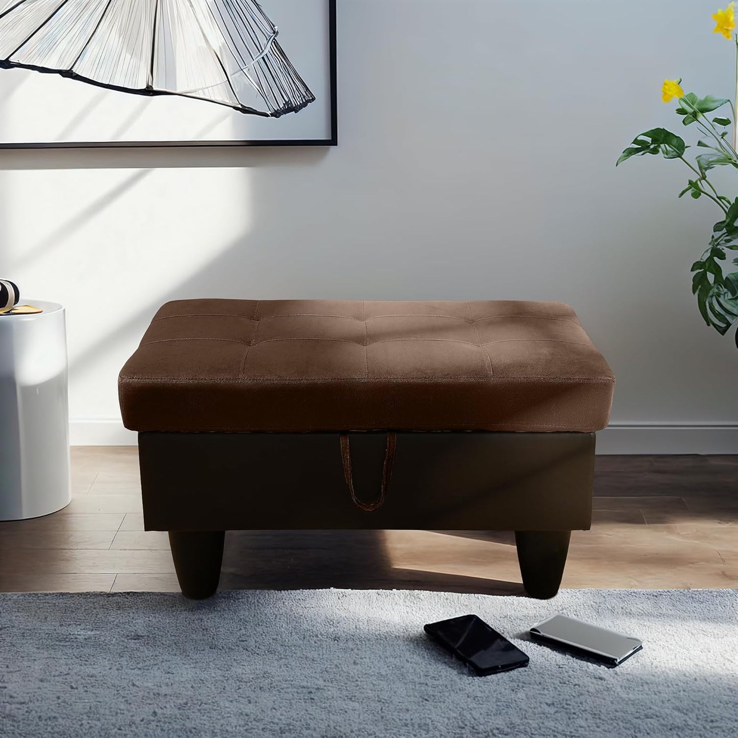 Ottoman Rectangular Storage Ottoman Bench, Flannel Footrest Stool Footstool with Lid for Living Room, Bedroom, Entryway, Brown&Black, 35"x23.5"x17.5"