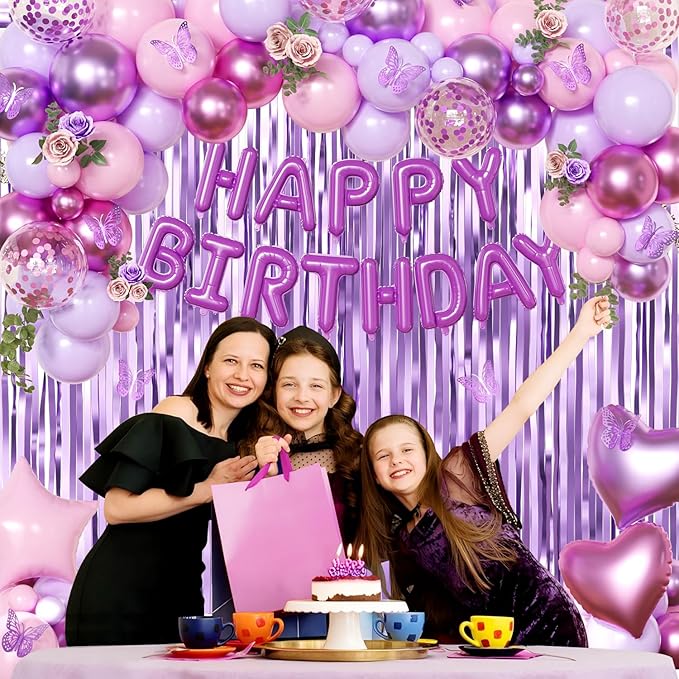 Purple Pink Birthday Decorations, Metallic Magenta Purple Lavender Balloons Confetti Foil Balloons Happy birthday Banner Butterfly Fringe Curtains Birthday Decorations for Women Teens Girls