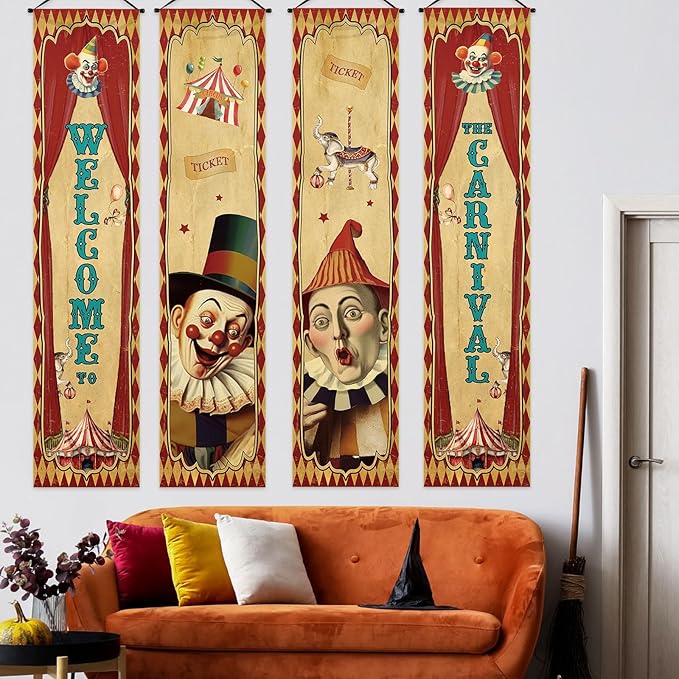 Tiamon 4 Pcs Vintage Christmas Halloween Carnival Porch Banners Retro Santa Clown Stretching Portraits Wall Decorations Gothic Porch Sign Backdrop for Xmas Indoor Outdoor Hanging Decor (Large Circus)