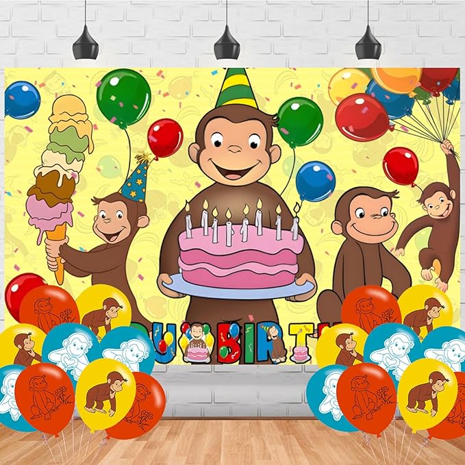 George of Curious Birthday Party Decorations Banner Backdrop - Cartoon Monkey Themed Banner Party Supplies for Kids Fans, Happy Birthday Photography Background Wall Decor 5 * 3 Ft