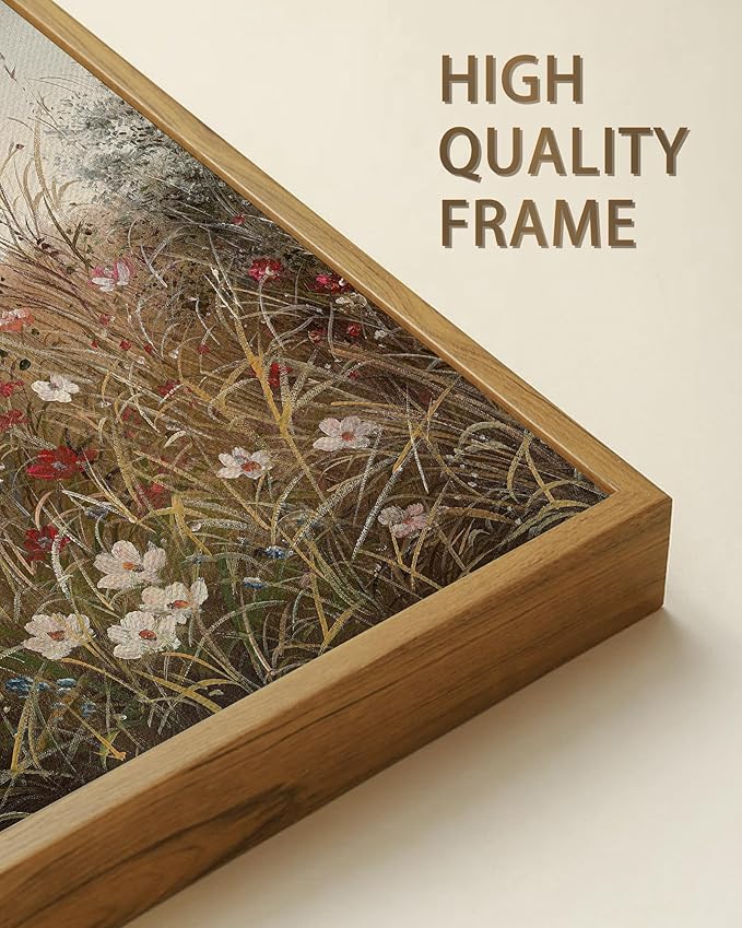 SHENIFY Vintage Landscape Framed Wall Art Meadow with Flowers Farmhouse Decor Retro Wildflower Field Scenery Painting for Kitchen Living Room Bedroom Bathroom - 11x14in Natural Framed