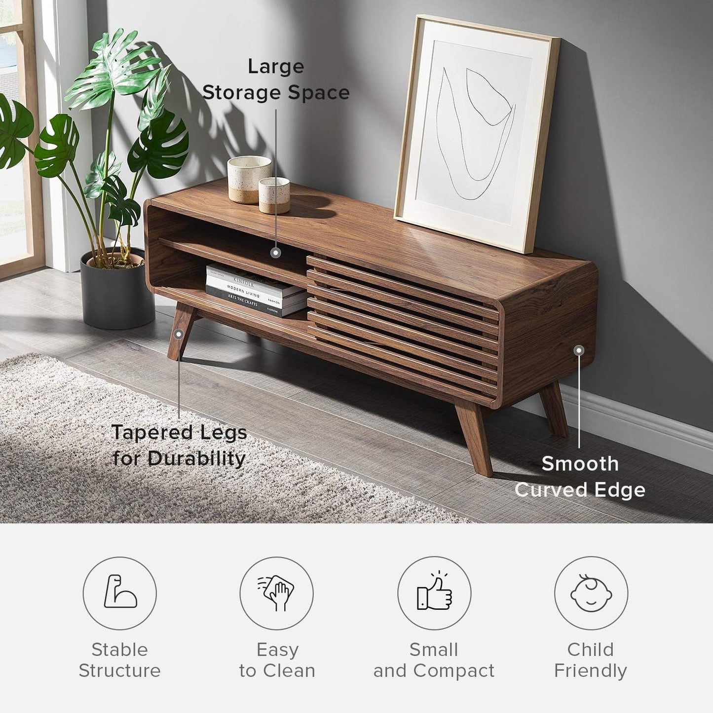 mopio Ensley TV Stand, Mid Century Modern for 55/60/65 inch TV, Farmhouse TV Stand, Entertainment Center with Storage, TV and Media Consol for Living Room (Walnut, 46")