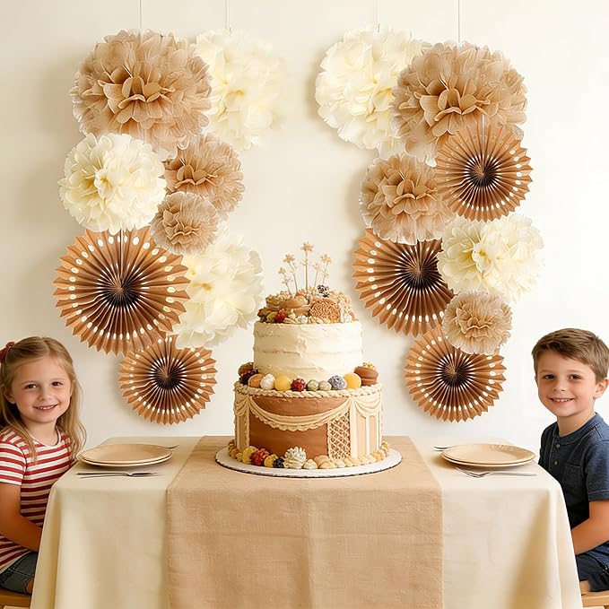 PAPER JAZZ 15 Pcs Wedding Decoration Vintage Beige Pompoms Decoration Brown Paper Fans Boho Party Decoration for Wedding Decoration Birthday Table Decoration Baby Shower