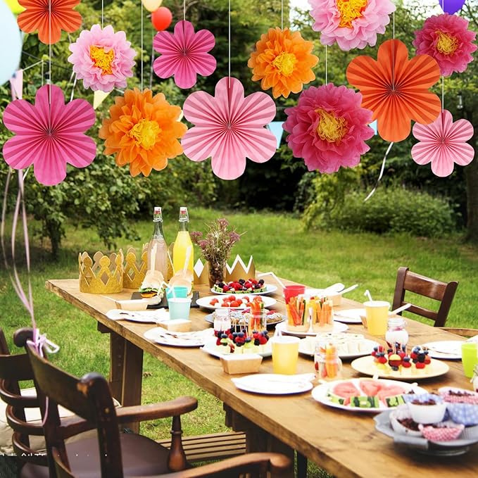 BestoFun 12PCS Paper Flowers Fans Orange and Hot Pink Party Decorations Tissue Paper Flowers Decorations for Girl Groovy Birthday Baby Shower Wedding Bachelorette Room Wall Hanging Décor