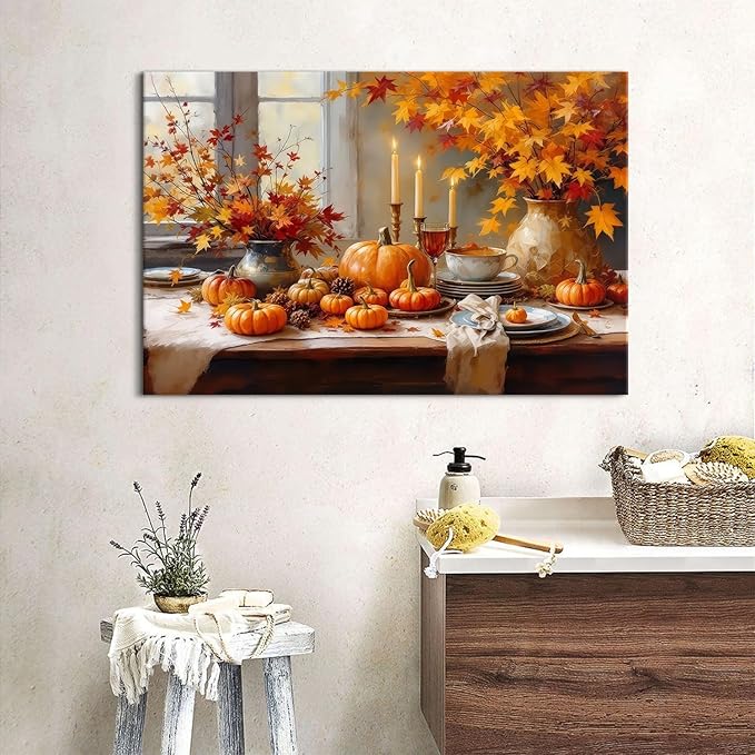 Farmhouse Kitchen Decor Pumpkin Wall Decor Maple Leaves Painting Orange Pumpkin Canvas Prints Rustic Fall Harvest Themed Pictures Still Life Artwork for Bedroom Dining Room Home Decoration 16x24"