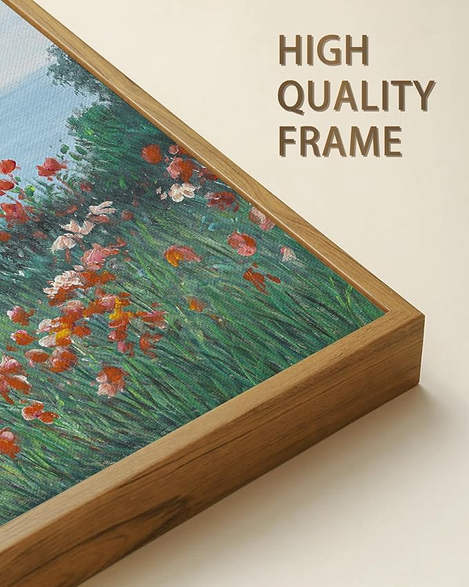 SHENIFY Vintage Framed Wall Art Coastal Wildflower Field Poppy Flower Landscape Scenery Home Decor Retro Decorations for Farmhouse Bedroom Ready to Hang Wall Artwork - 8x10in Natural Framed