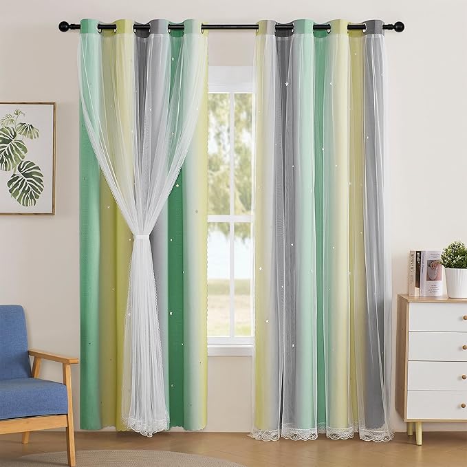 XiDi Curtains for Bedroom Decor, Rainbow GreenYellowGrey34/96/1