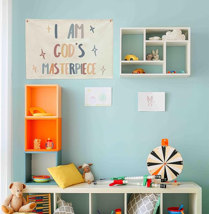 Rectangular Christian Bible Verse Scripture Canvas Banner Wall Decor Flag Sign for Baby Girl Kids,Nursery Bedroom Nursery Wall Decor,Baby Shower Baptism Christmas Gift-I Am God's Masterpiece