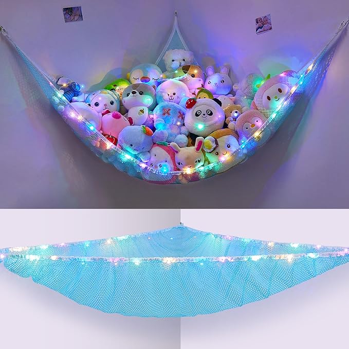 Unicorn Castle Stuffed Animals Net or Hammock Kids Toy Storage Organizer with LED Light Hanging Corner Stuffed Animals Holder Kids Girls Room Decor,Blue,Large (Pack of 1)
