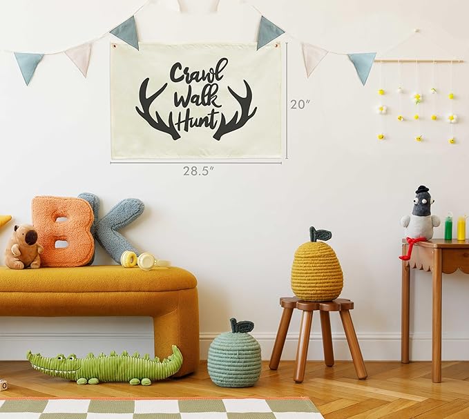 Nursery Rectangular Canvas Banner Wall Decor for Nursery Bedroom Playroom Door Decor,Poster Flag Sign Art for Baby Boy Kids Teen,Baby Shower Birthday Christmas Gift-Crawl Walk Hunt Themed