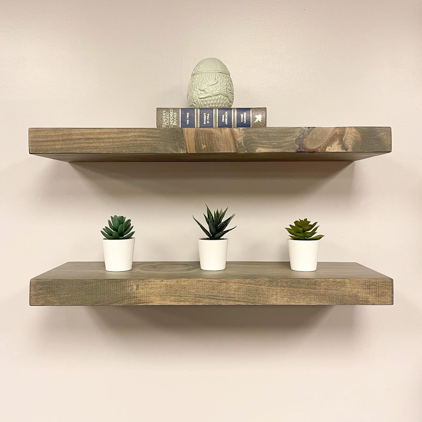 URBANDI, Rustic Floating Shelves, Set of 2, Hidden Bracket, Solid Wood, Heavy Duty, Wall Mounted Shelves, (Grey, 48Wx6D)