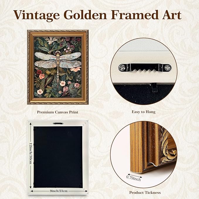 ASTRDECOR Gold Framed Vintage Wall Art - Dark Green Dragonfly & Floral Botanical Artwork, Nature Picture Canvas Painting for Living Room Bedroom Bathroom Home Decor, 9x12 in