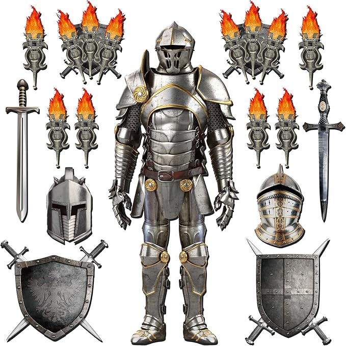 15 Pieces Medieval Party Decorations 6 Feet Jointed Suit of Armor Knight Cut Out Torch Props Medieval Shield Photo Prop for Castle Knight Renaissance Christmas Birthday Wall Decor Supplies Favors