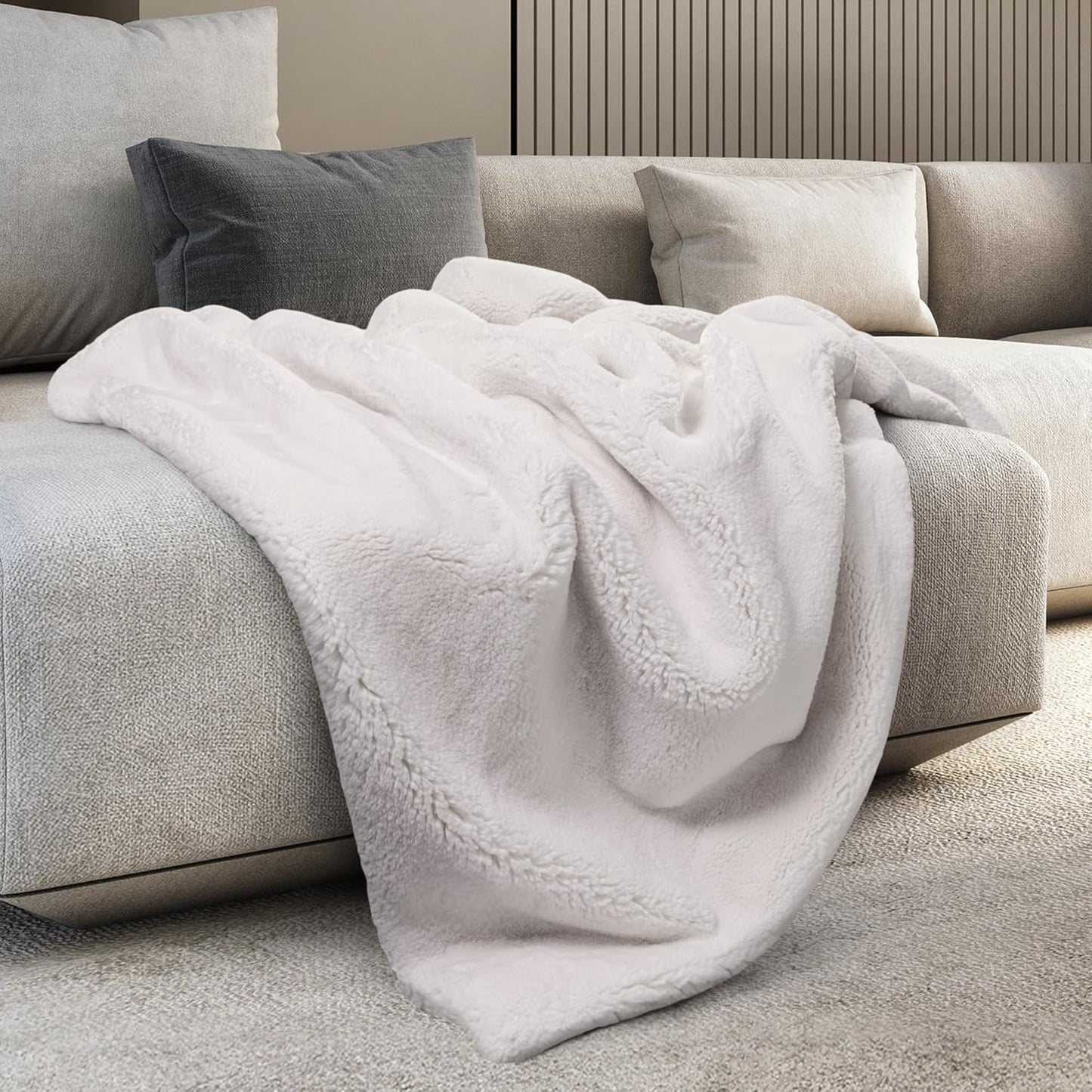 Mon Chateau Luxury Ultimate Plush Faux Fur Throw with 6cm Foldover for Couch, Sofa, or Bed - Plush Ultra Soft Blanket for Sleeping or Home Décor, 60" x 70" (Foldover Ivory)