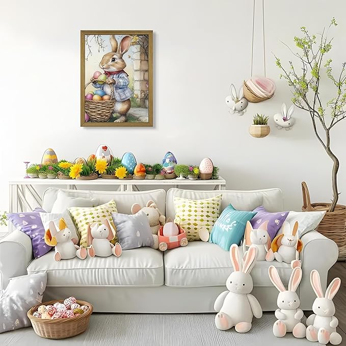 Framed Easter Bunny Wall Art, Cute Rabbit Easter Eggs Canvas Print Paintings, Vintage Holiday Decor Oil Painting, Rustic Farmhouse Spring Animal Wall Decor for Living Room Bedroom Nursery 12x16 Inch