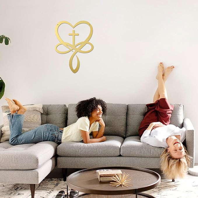 Natrlart Metal Infinity Heart Cross Wall Decor, Unique Cross Decorative Wall Art, Heart And Love Sign Wall Plaques, Love Gift For Adult Home Wedding, Decor Room Bedroom Living Room Decoration（Gold