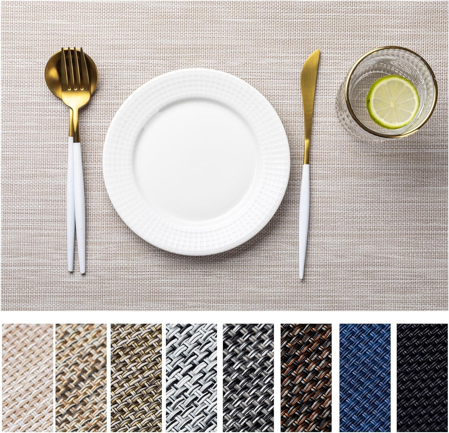 LEXMORE Placemats Set of 12 Vinyl/Plastic Woven Place Mats for Kitchen Table Indoor/Outdoor Washable Placemat Wipeable Dining Table Mats(A-Beige White)