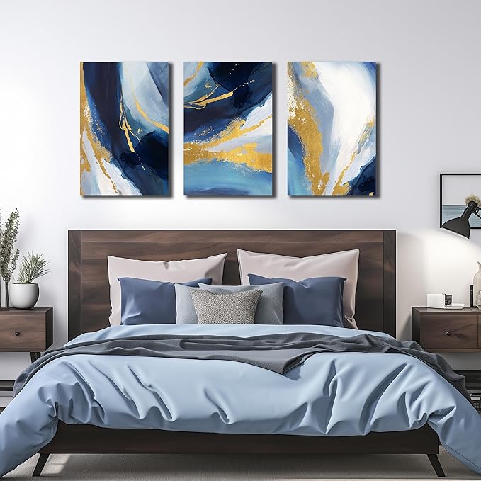 DNIEOTU Abstract Canvas Wall Art for Living Room, Blue and Gold Picture Prints Wall-Decor for Bedroom, Size 16 x 24 Inches 3-Pieces