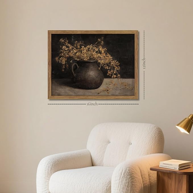 Vintage Dark Framed Wall Art, Farmhouse Floral Autumn Painting, Cottagecore Botanical Vase Wall Decor, Country Cottage Pictures Aesthetics Canvas Print for Living Room Bedroom – 12x16 inch