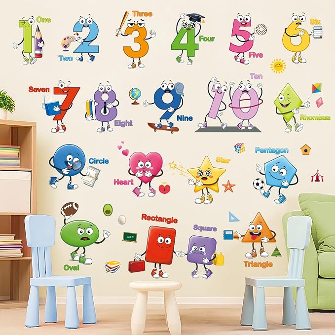 decalmile Colorful Shapes Numbers Wall Decals Educational Learning Geometry Wall Stickers Kids Toddler Room Preschool Classroom Daycare Wall Decor