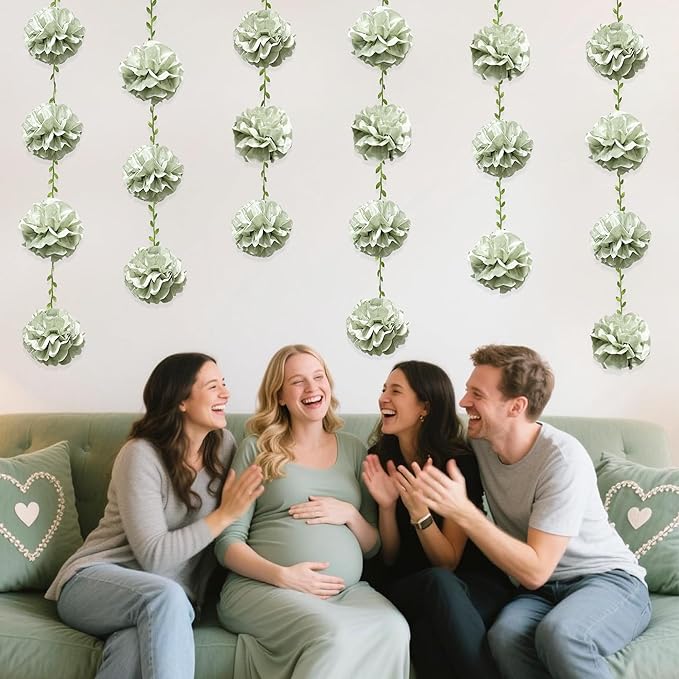 Sage Green Tissue Paper Flowers Pom Pom with Leaf Ribbon Dusty Green Hanging Garland Streamer for Birthday Baby Shower Wedding Engagement Woodland Safari Jungle Neutral Party Decorations Supplies