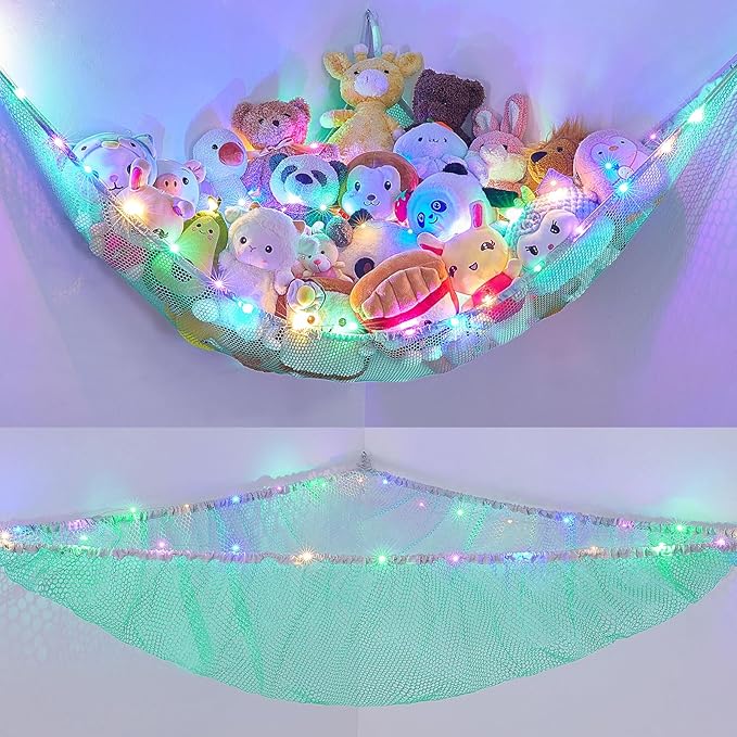 Unicorn Castle Stuffed Animals Net or Hammock Kids Toy Storage Organizer with LED Light Hanging Corner Stuffed Animals Holder Kids Girls Room Decor,Green,Large (Pack of 1)