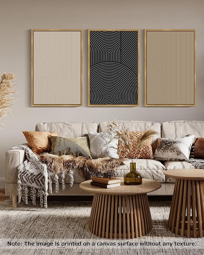 Drsoum Mid-Century Modern Framed Wall Art Large 24x36in Minimalist Abstract Boho Neutral Line Wall Decor Geometric Artwork Kitchen Dining Room Natural Framed