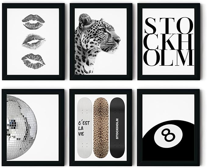 TwoDays Stockholm Style Room Decor for Women, Chic Trendy Wall Art for Living Room Aesthetic, Luxury Fashion Posters for Home Bedroom Apartment Dorm (8" X 10", Set of 6, Black Framed)