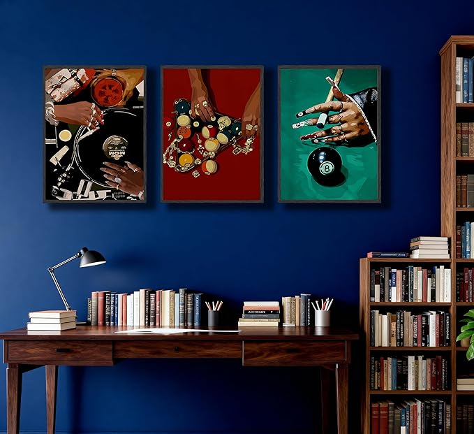 JWDXNOOK 3pcs Fashion Feminine Wall Art Funky Retro Music Wall Decor Fashion Hands Print DJ and Black billiard 8Theme Triptych Paintings Poster for Game Room Bar Living Room Bedroom Decor Unframed