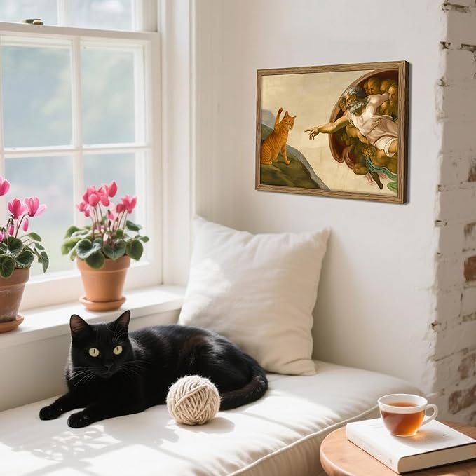 Framed Vintage Cat Canvas Wall Art, Funny Orange Cat Parody Classic Masterpiece Prints, Renaissance-Inspired Animal Artwork, Retro Humorous Wall Decor for Living Room Bedroom Playroom – 8x10 inch