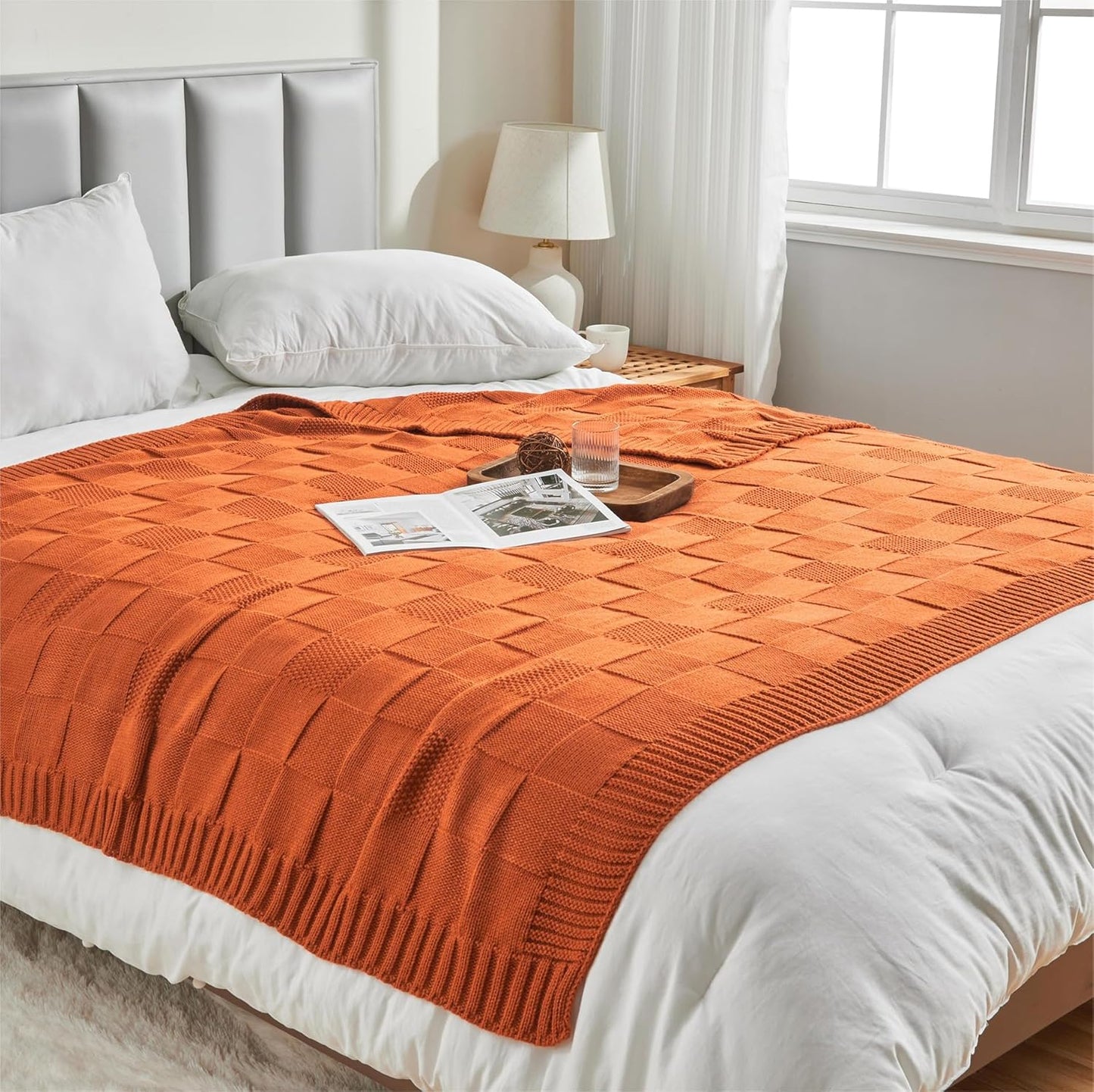 CozeCube Check Knit Throw Blanket, Rust Orange Checkered Throw for Couch, Decorative Christmas Soft Cozy Warm Knitted Blanket for Bed Sofa Living Room, 60"X80"