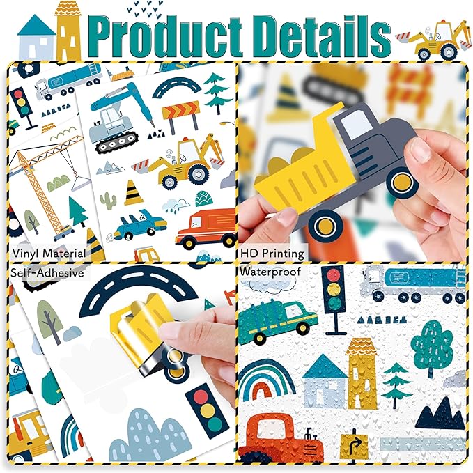 Construction Vehicles Wall Decals, 10 Sheets Truck Tractor Excavator Crane Vinyl Wall Stickers Peel and Stick Construction Stickers for Boys Bedroom Playroom Wall Art Decorations