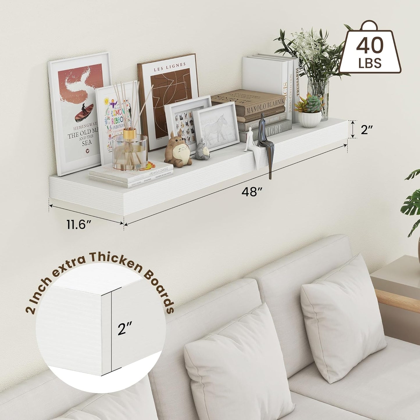 White Floating Shelves for Wall - 48 Inch Wide x 12 Inch Deep Wall Shelves Set of 1 - Rustic Wood Shelves for Living Room, Bathroom, Laundry Room, Bedroom, Kitchen, Home Office