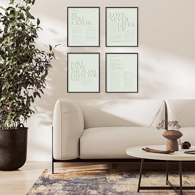 Locomiss Sage Green Christian Wall Art Decor, Modern Bible Verse Prints, Minimalist Jesus Scripture Wall Decor, Inspirational Bible Posters for Bedroom Office Living Room, Set of 4 (8x10 Unframed)